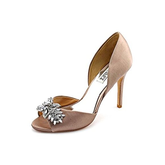 Badgley Mischka Shoes - EUC Badgley Mischka Champagne/Taupe Satin Jeweled Open Toe Pumps 6.5